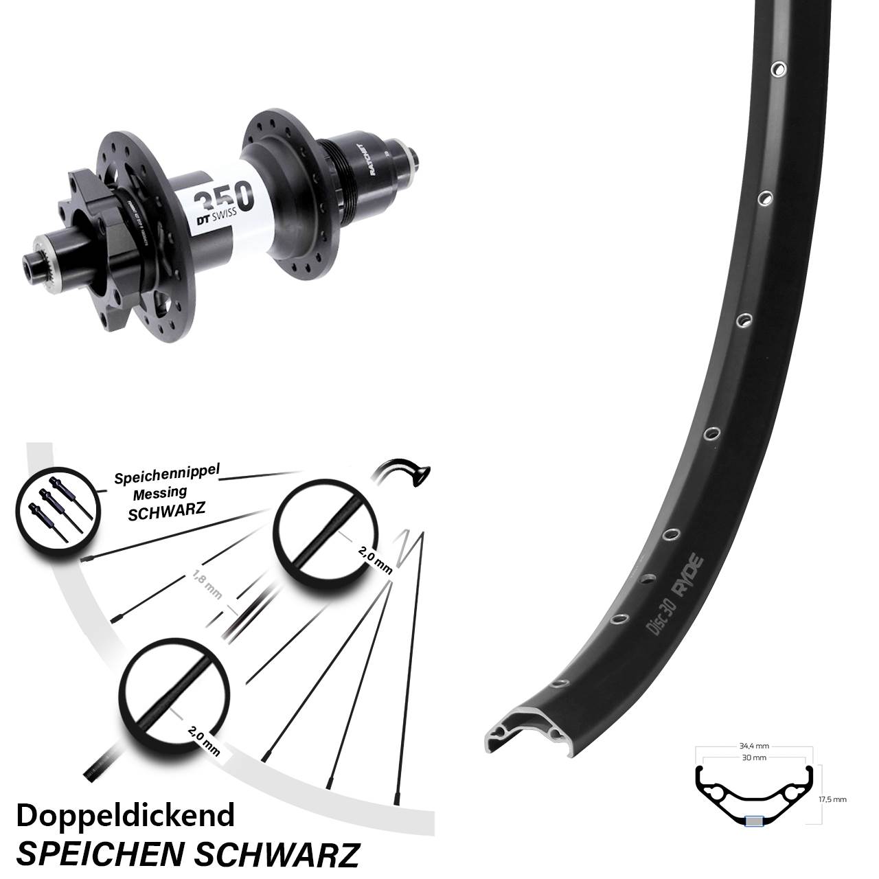 Ryde Disc 30 DT Swiss 350 29 Zoll Hinterrad 6-Loch QR Boost SRAM XD