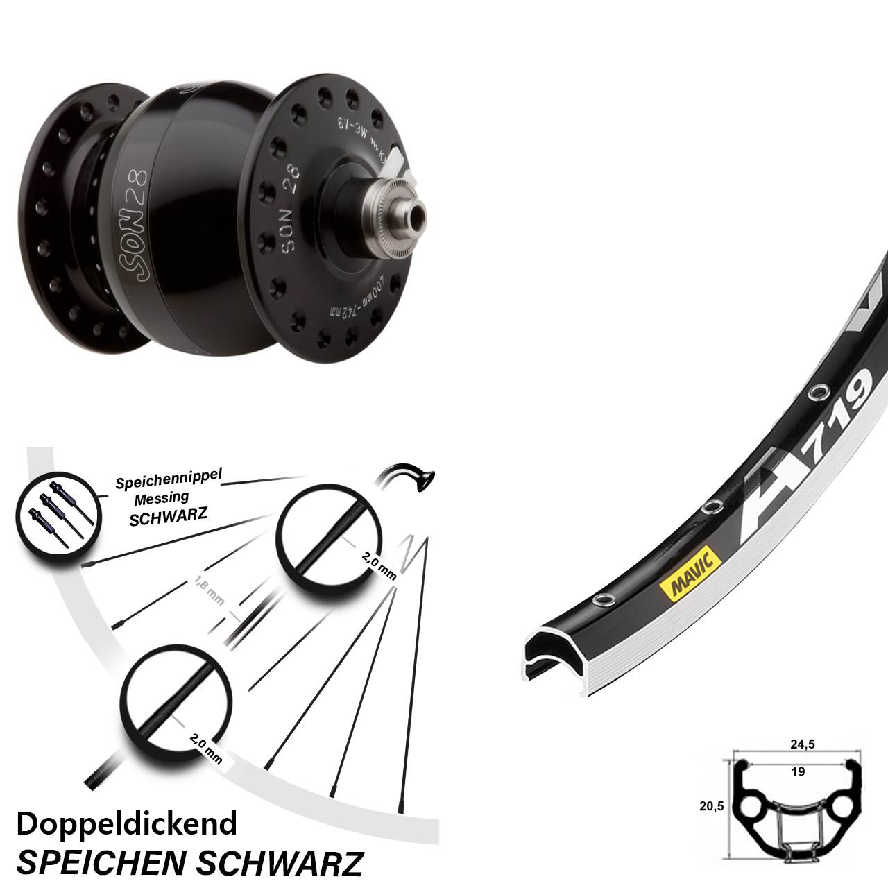 Nabendynamo Vorderrad Mavic A 719 SON 28 Zoll