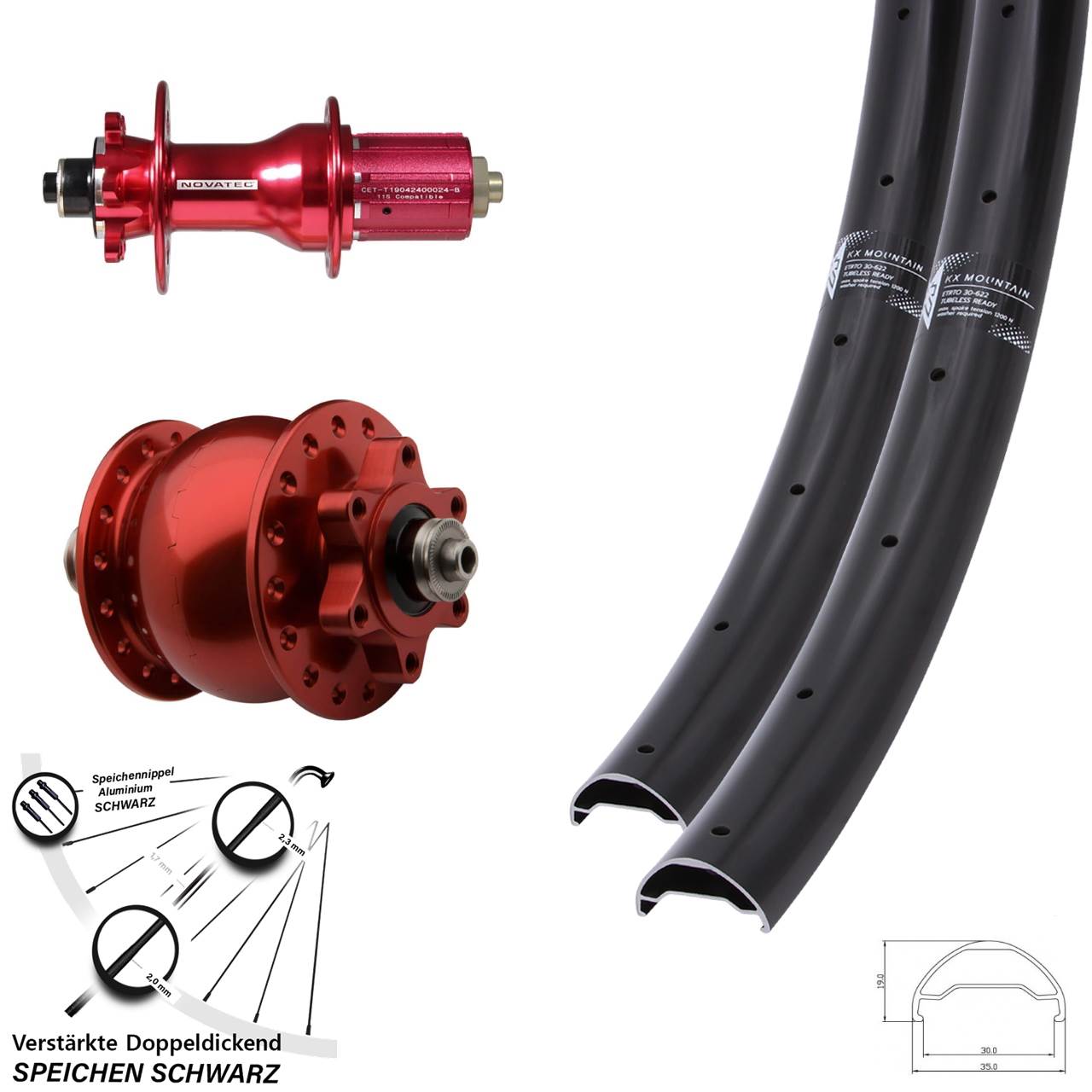 Disc Laufrad-Satz QR 29 Zoll KX Mountain Novatec D792 SON 28 rot 8-12 fach