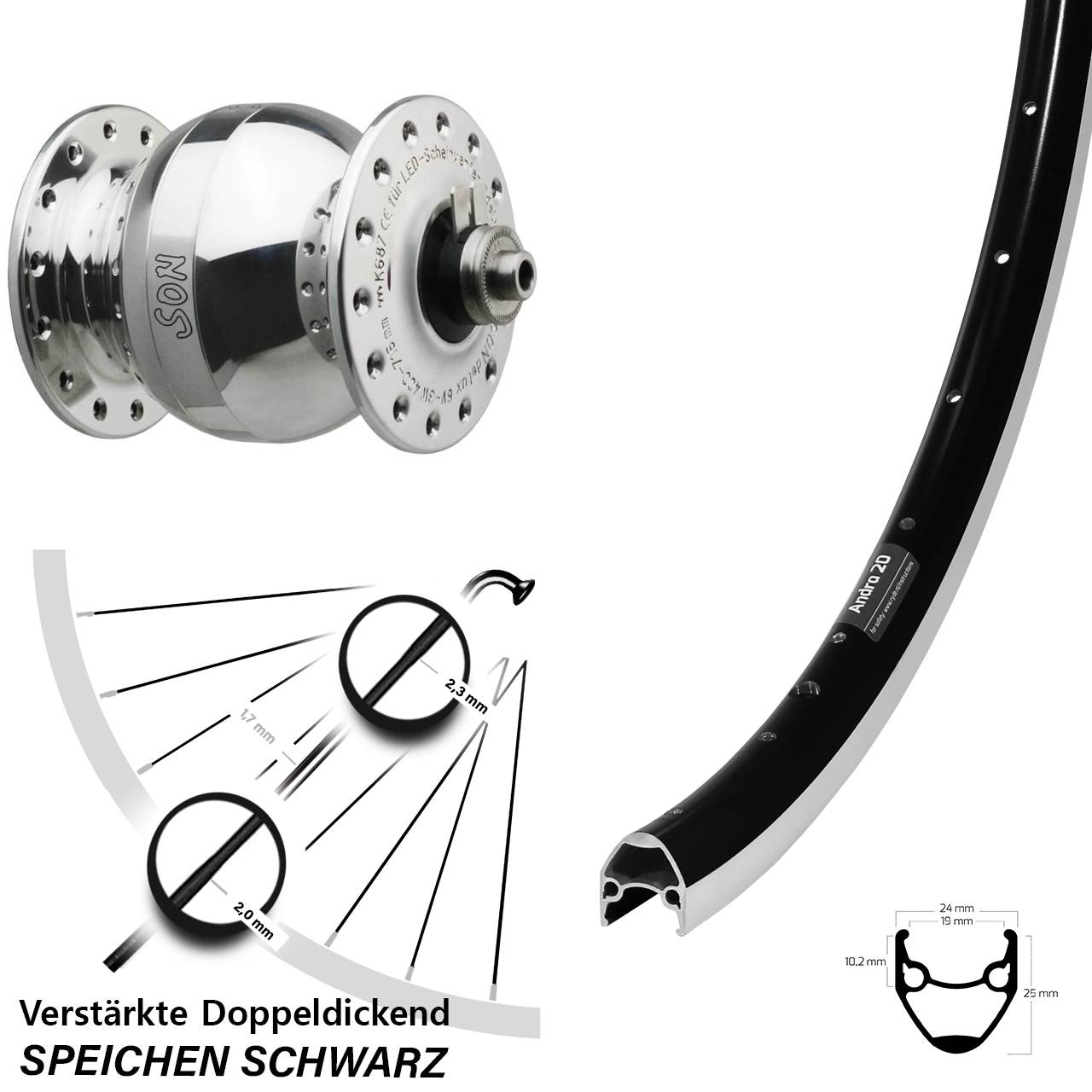 Nabendynamo-Vorderrad 28 Zoll Ryde Andra 20 SONdelux wide body QR