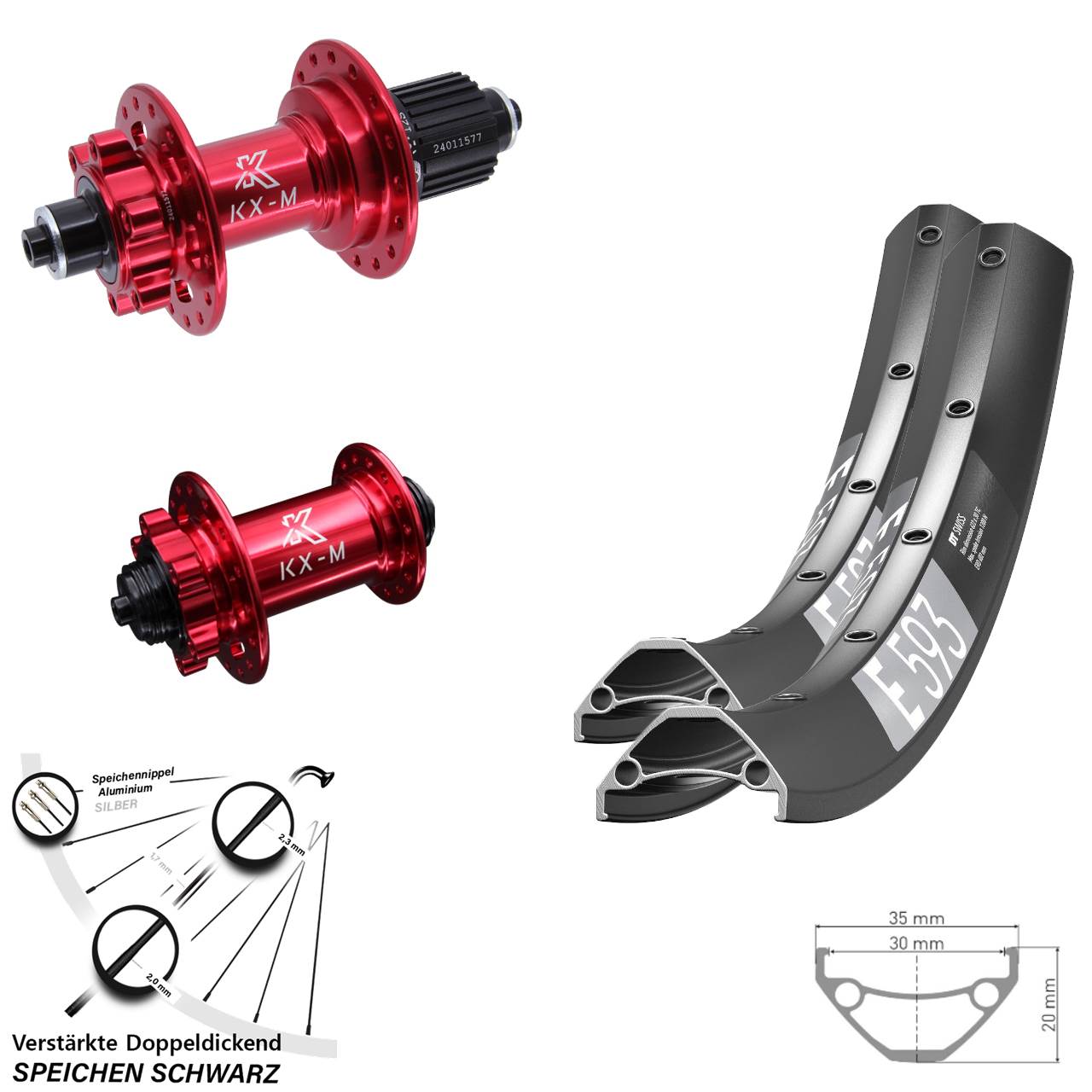 Disc Laufrad-Satz für Schnellspanner 29 Zoll DT Swiss E 593 KX-M rot Micro Spline