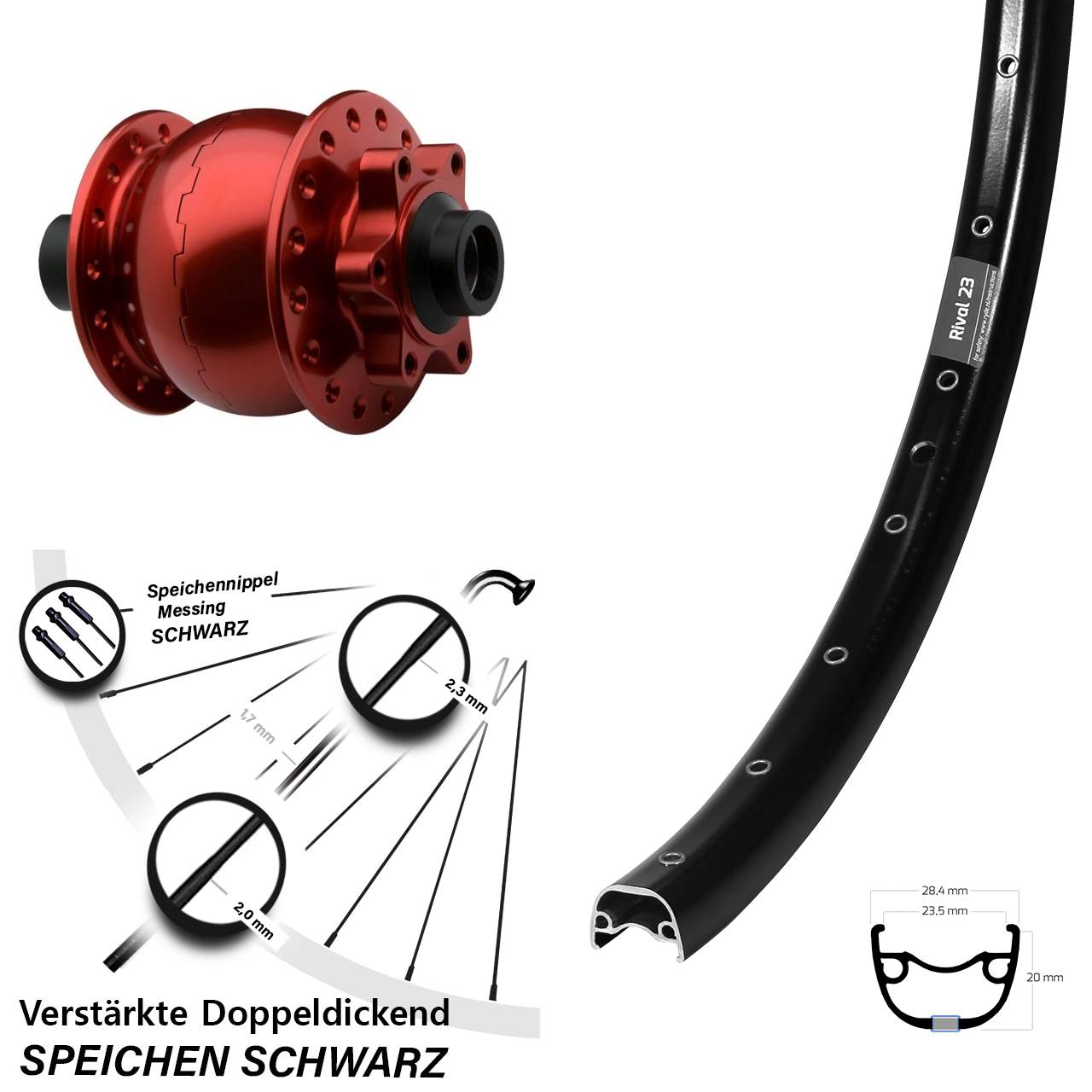 Vorderrad 27,5 Zoll Ryde Rival 23 schwarz SON 28 15x100 6-Loch rot eloxiert