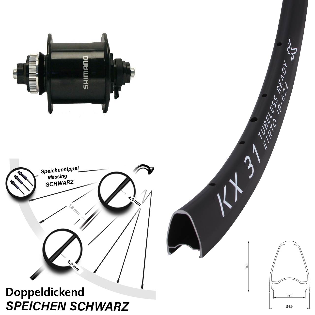 Centerlock Dynamo-Vorderrad für Schnellspanner 28 Zoll KX 31 Shimano DH-UR700