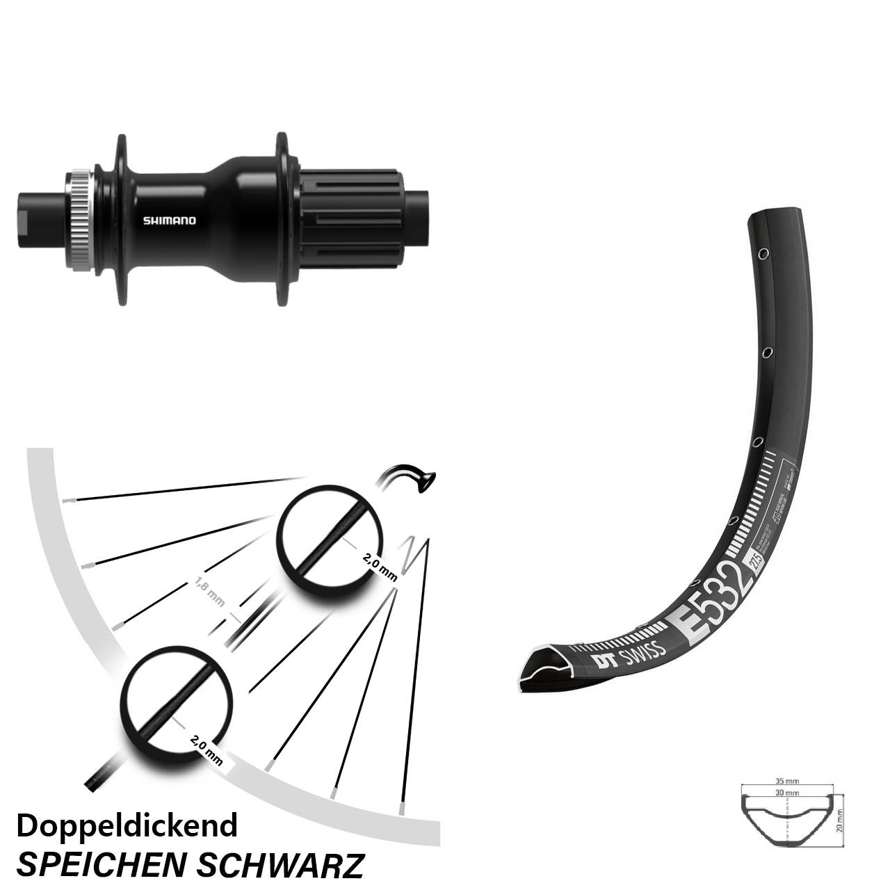 27,5 Zoll DT Swiss E532 Shimano FH-TC500 Boost Hinterrad Centerlock 12x148 Boost 8-11 fach