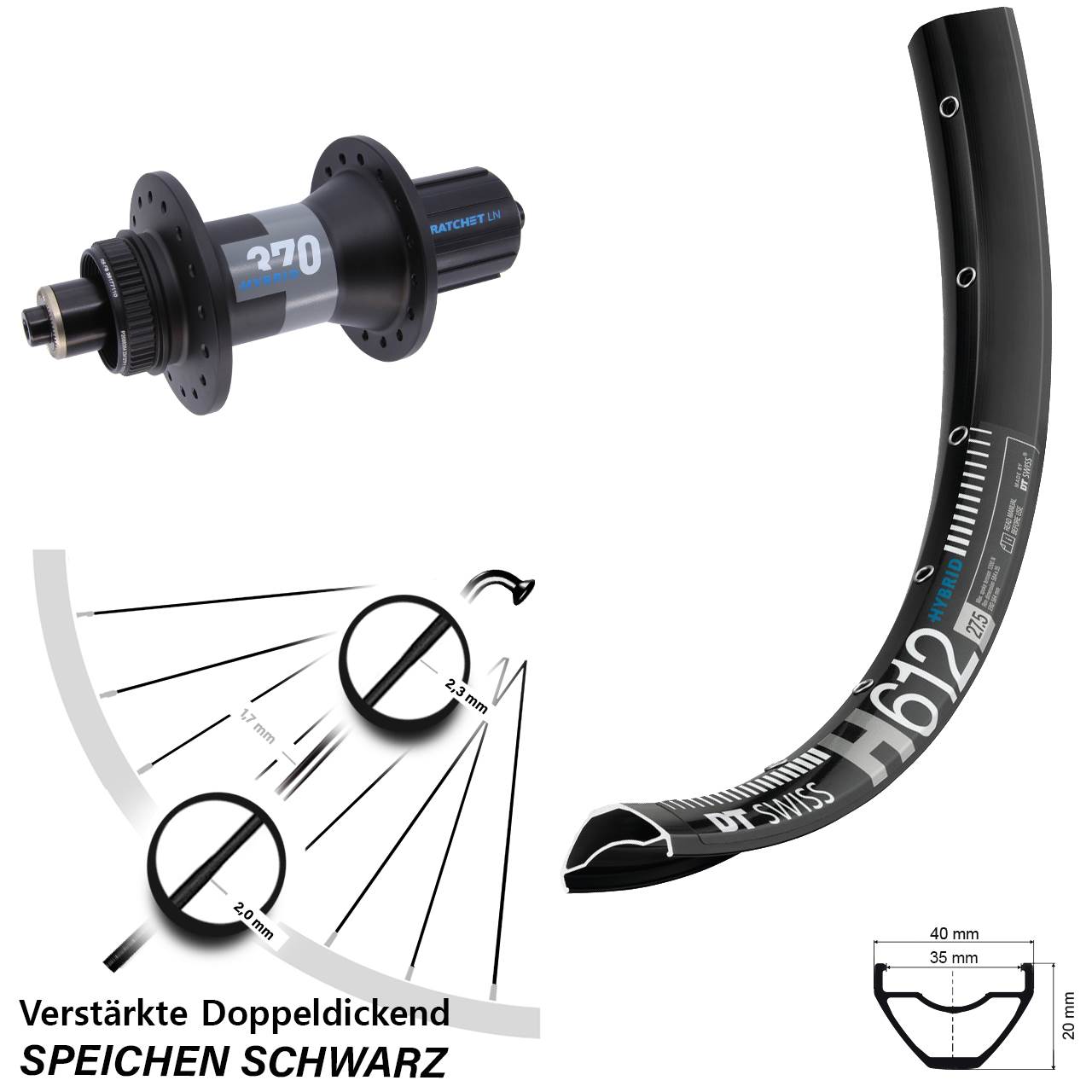 Disc Laufrad 27,5 Zoll DT Swiss H612 370 Hybrid 8-11 fach QR Boost