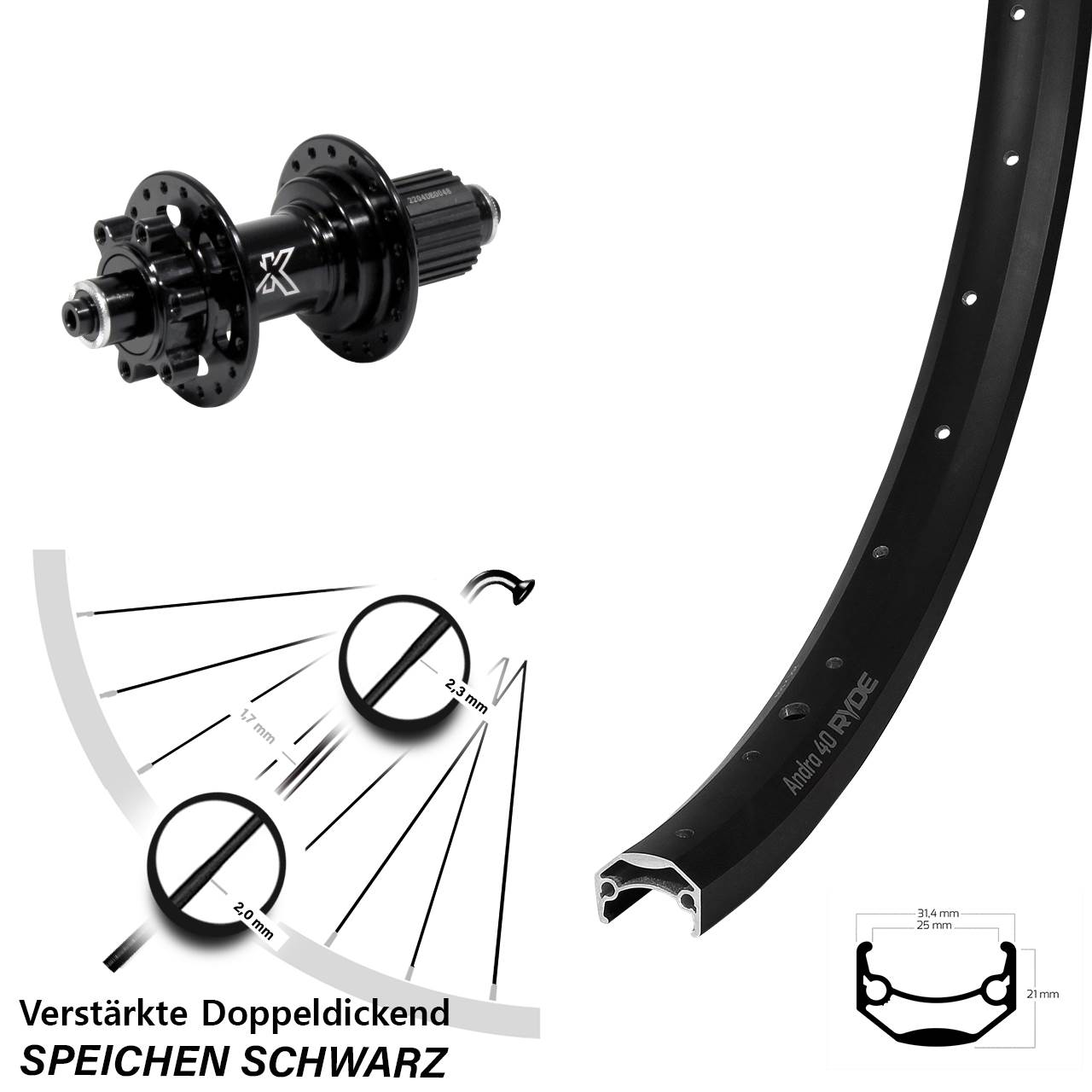 28 Zoll Ryde Andra 40 KX-M Heavy Duty Disc Hinterrad QR Shimano Micro Spline