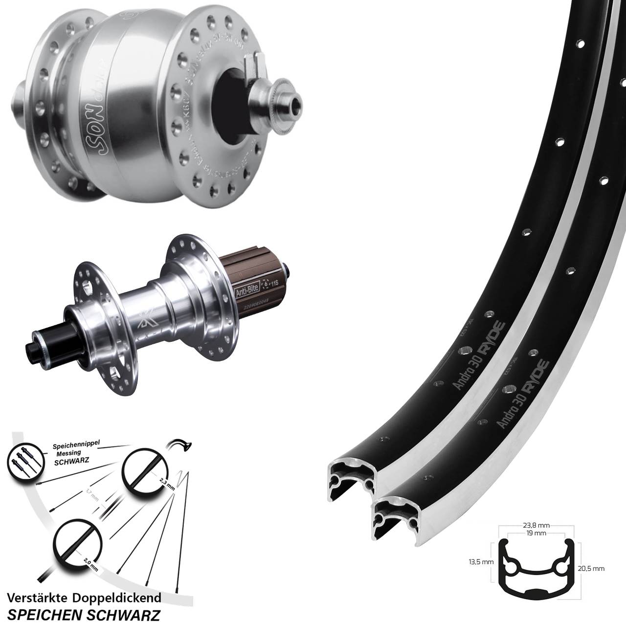 Laufradsatz QR 26 Zoll Ryde Andra 30 KX-T SON delux 8-12 fach HG