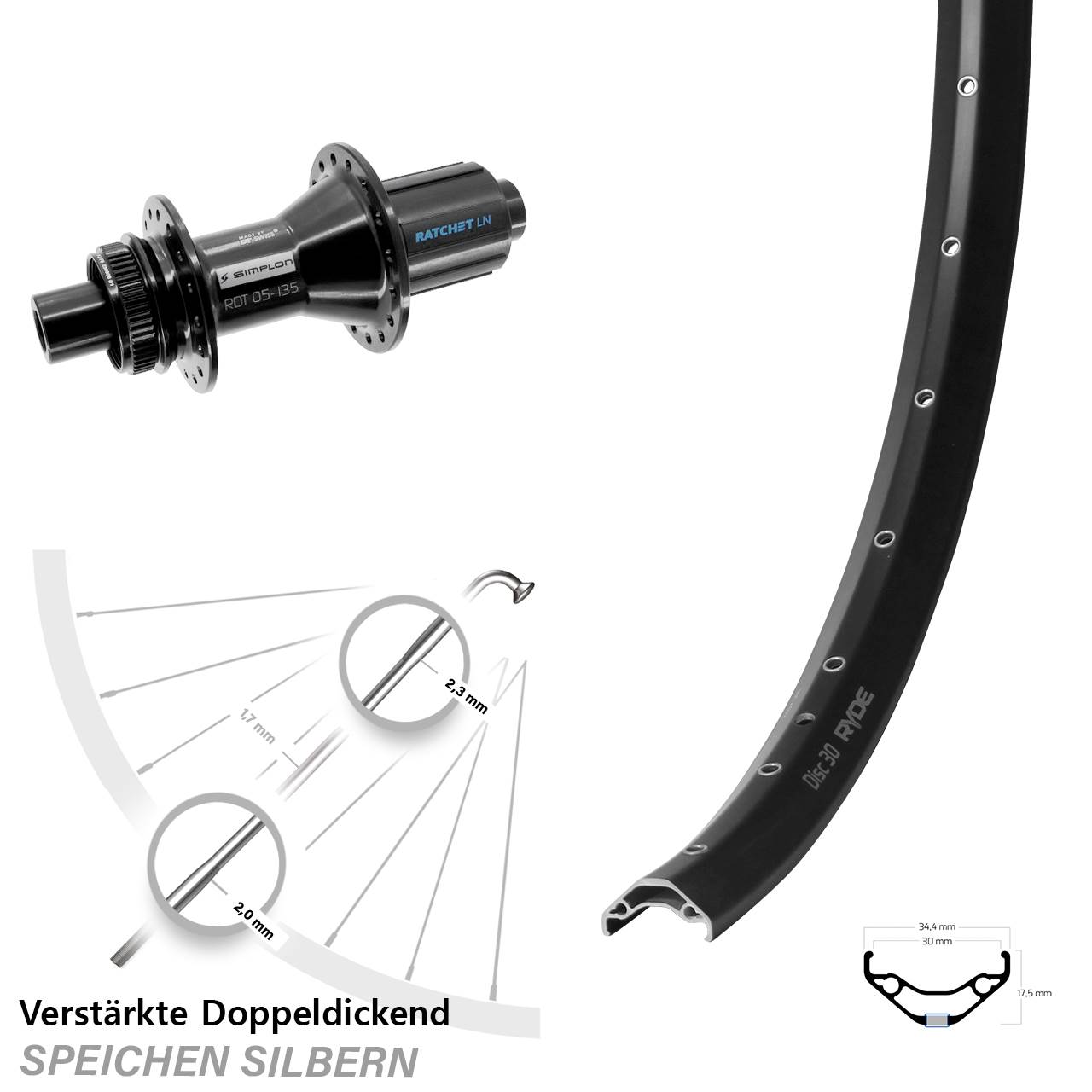 Centerlock Hinterrad 12x142 29 Zoll Ryde Disc 30 DT Swiss 370 Hybrid 8-11 fach
