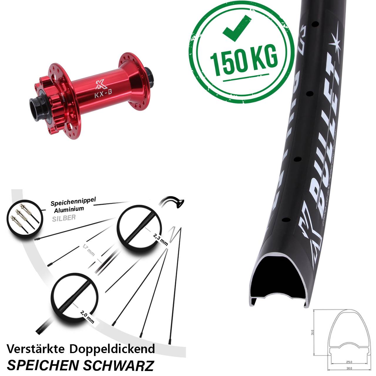 Boost Vorderrad 6-Loch 15x110 28 Zoll KX-Bullet rot