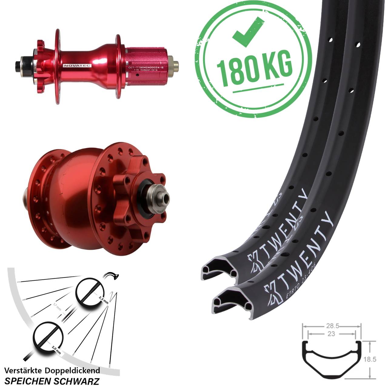 20 Zoll KX Twenty Novatec D792 SON 28 rot 6-Loch Laufradsatz 8-12 fach HG