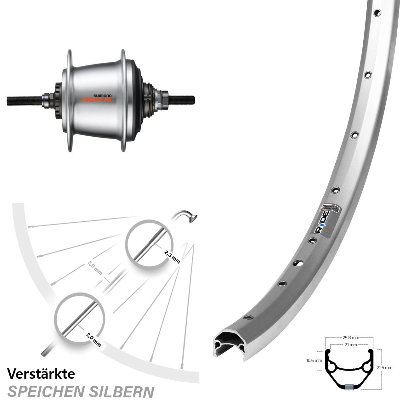 28 Zoll Ryde Zac421 Hinterrad Shimano Nexus 7 Gang Freilauf silbern