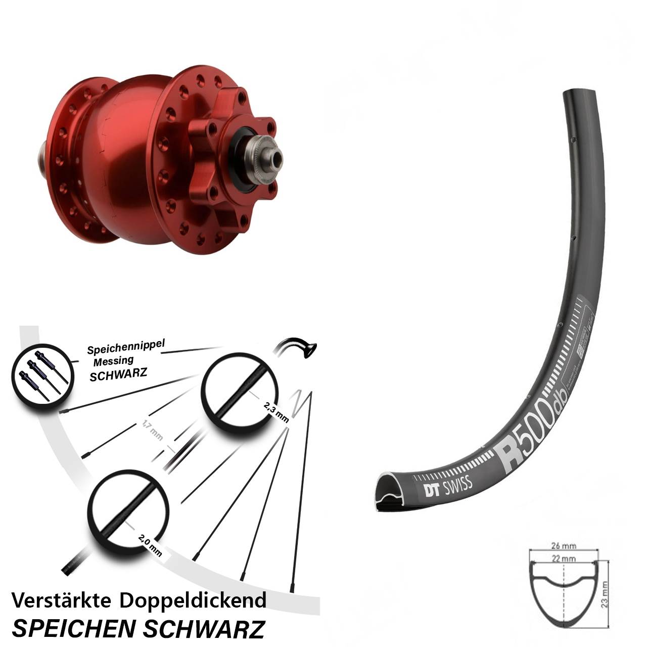 Disc Vorderrad mit Nabendynamo 29 Zoll DT Swiss R 500 SON 28 rot für Schnellspanner