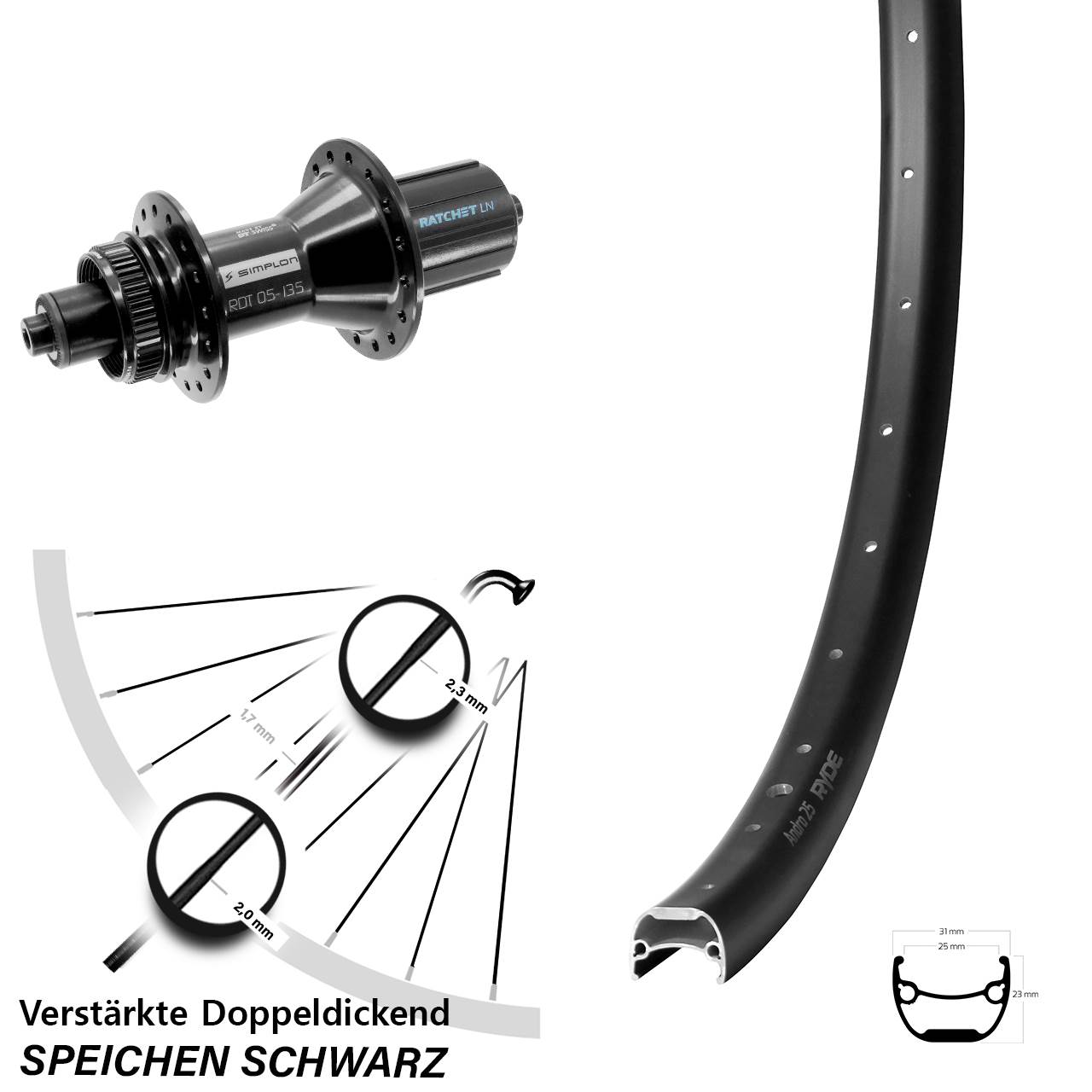 Centerlock Hinterrad 28 Zoll Ryde Andra 25 DT Swiss 370 Hybrid 8-11 fach QR
