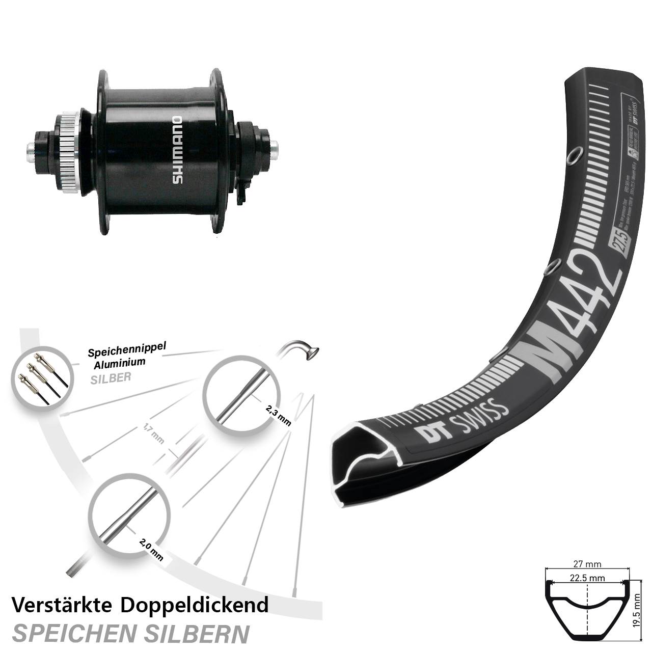 Nabendynamo-Vorderrad Centerlock 29 Zoll DT Swiss M442 Shimano DH-UR700 QR