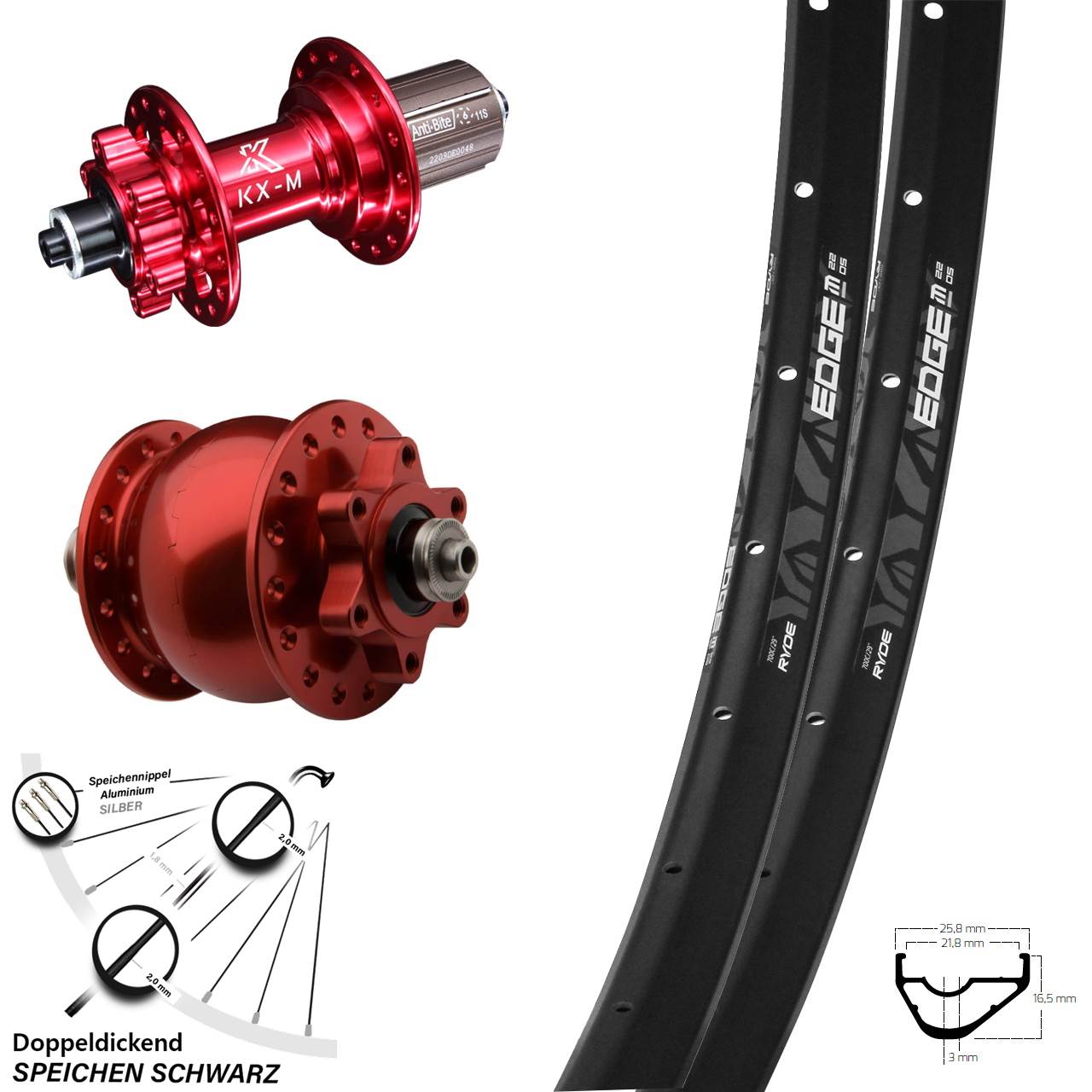 29 Zoll Laufradsatz Dynamo SON 28 rot KX-M 6-loch Schnellspanner Ryde Edge M22-622 ETRTO