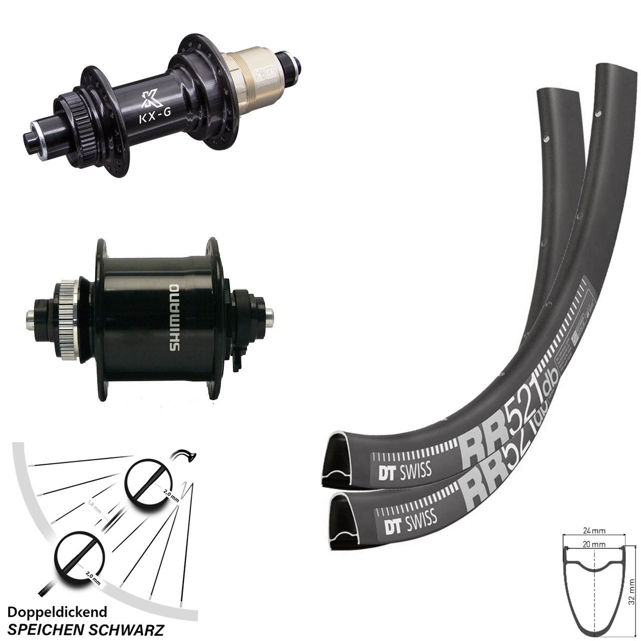 28 Zoll Laufradsatz DT Swiss RR 521 Dynamo Shimano DH-UR700-3D Nabe KX-G Sram XD-R