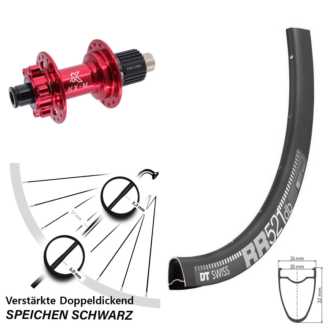 28 Zoll DT Swiss RR 521 KX-M rot 6-Loch Hinterrad 12x142 Shimano Micro Spline