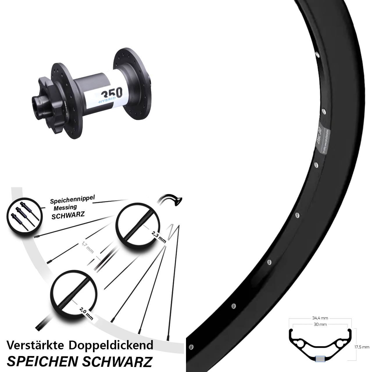 27,5 Zoll Ryde Disc 30 DT Swiss 350 Hybrid Vorderrad 6-Loch 15x110 Boost