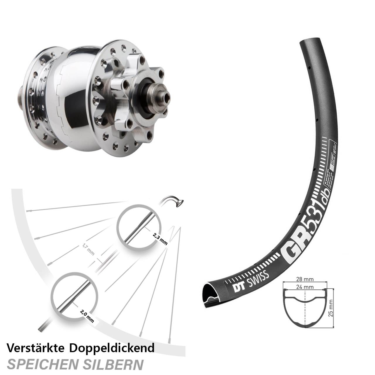 Disc Laufrad mit Nabendynamo 28-29 Zoll DT Swiss GR 531 SON 28 poliert QR