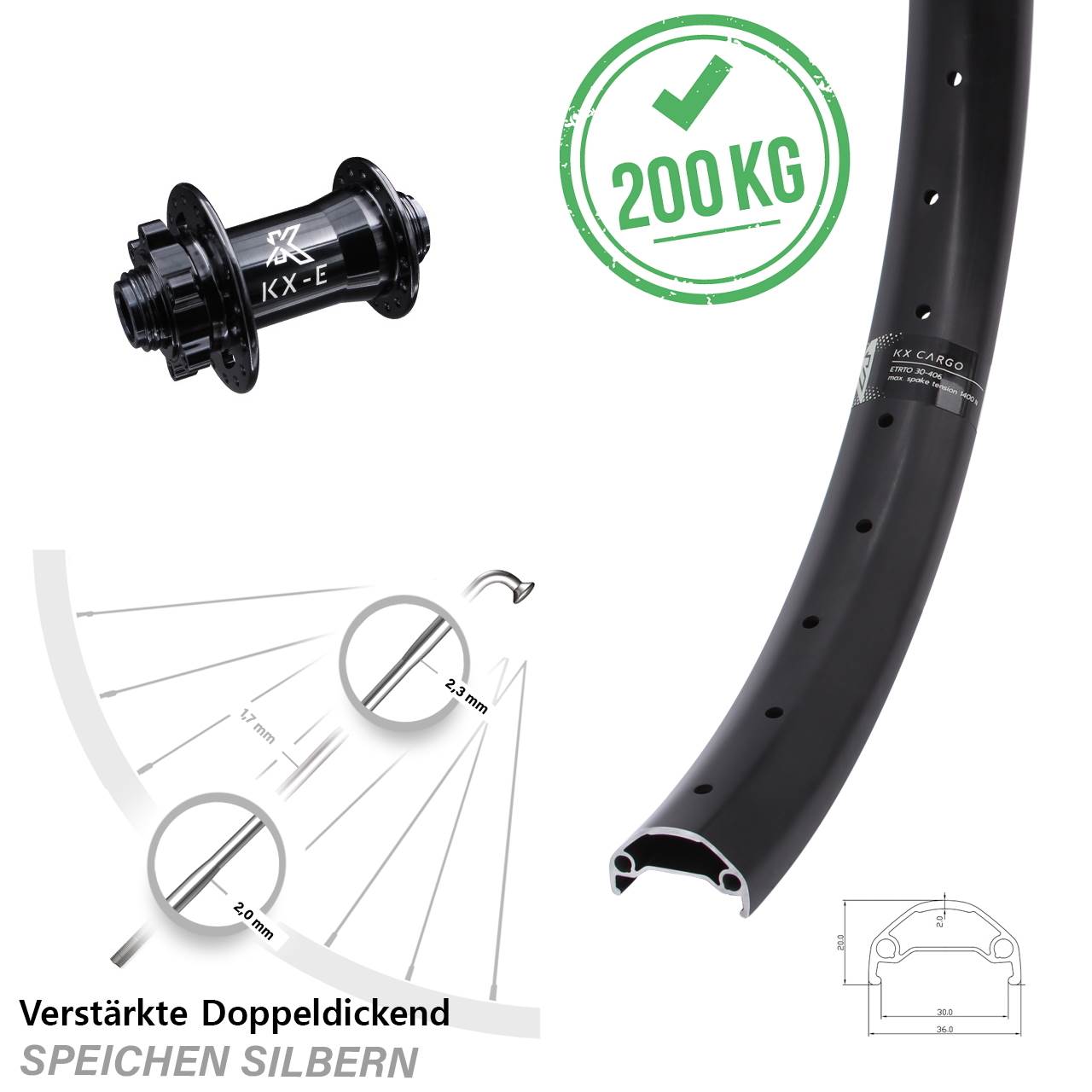 Heavy Duty 20 Zoll Vorderrad KX-E Cargo mit verstärkter Nabe 15x100 mm 6-Loch 4 Kugellager