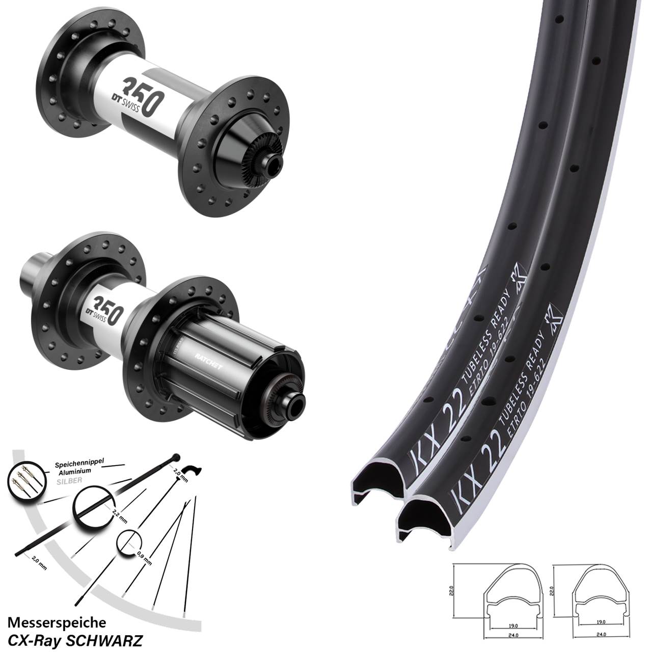 Laufrad-Satz QR 28 Zoll KX 22 OS DT Swiss 350 11-12 fach HG CX-Ray