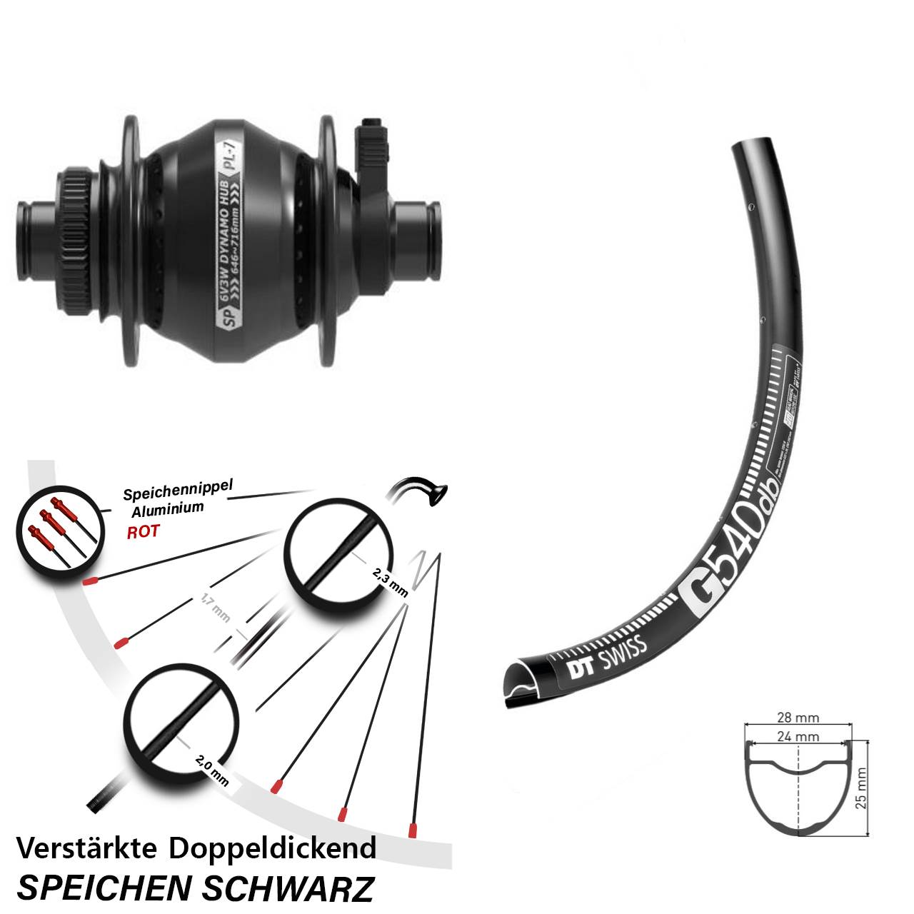 27,5 Zoll Nabendynamo Vorderrad DT Swiss G 540 Shutter Precision PL-7 Centerlock 12x100 mm