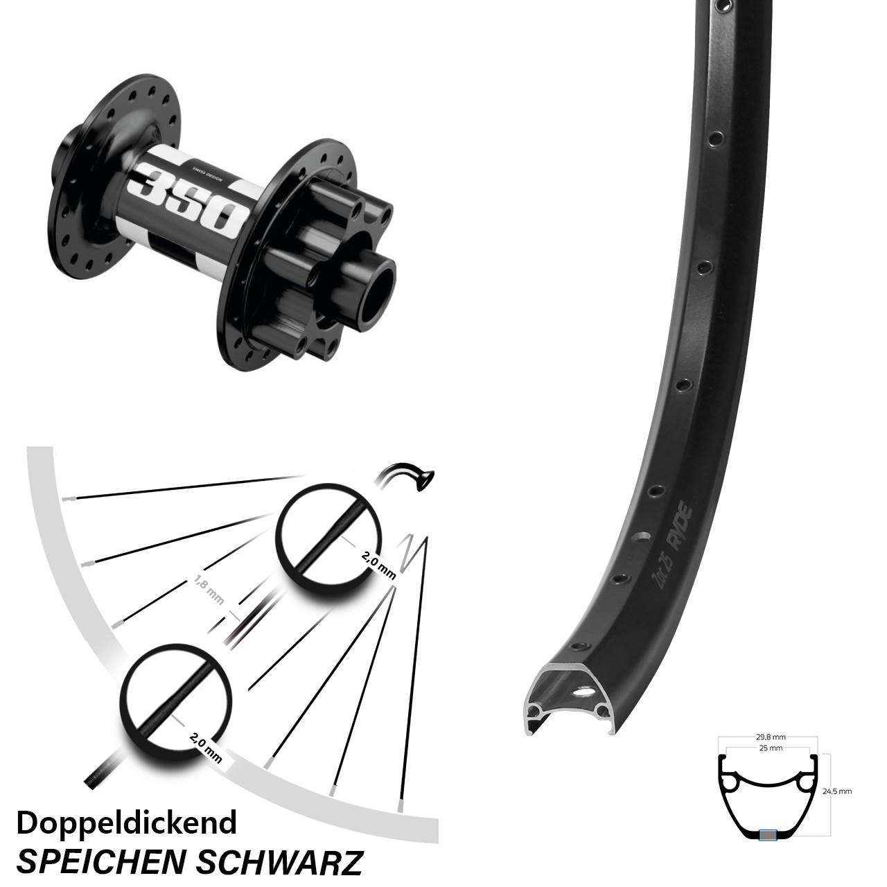 Boost Vorderrad 6-Loch 15x110 28 Zoll Ryde ZAC 25 DT Swiss 350