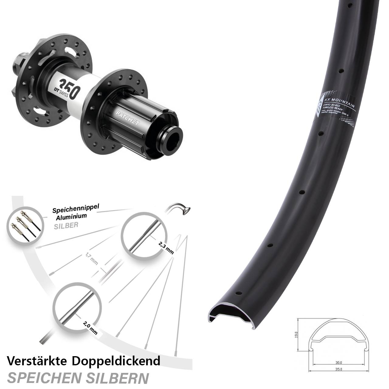 29 Zoll KX Mountain TR DT Swiss 350 Ratchet 36 Hinterrad 6-Loch 12x148 8-11 fach