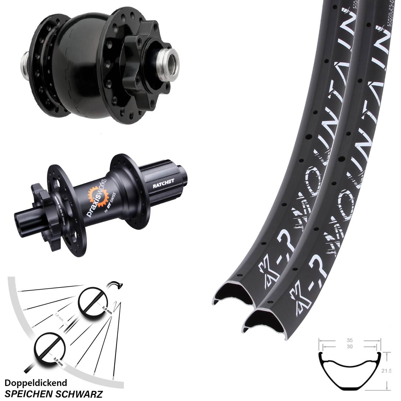 Laufradsatz 29 Zoll KX-R Mountain 12x100/142 schwarz DT Swiss 350 SL SON 28 Dynamo HG Disc