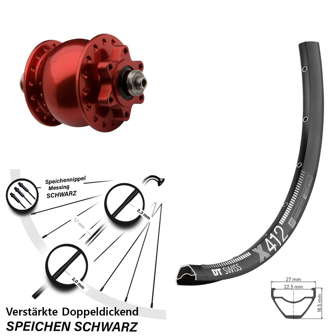 DT Swiss X 412 SON 28 rot 29 Zoll Dynamo-Vorderrad 6-Loch QR
