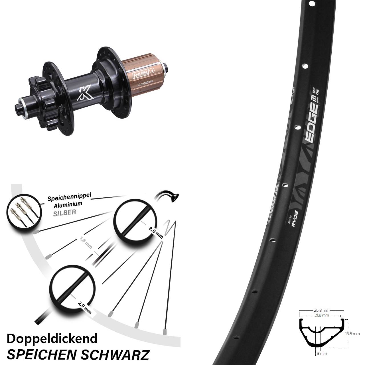 29 Zoll Hinterrad Ryde Edge M22 OS mit KX-M 10-fach 6-loch Nabe QR