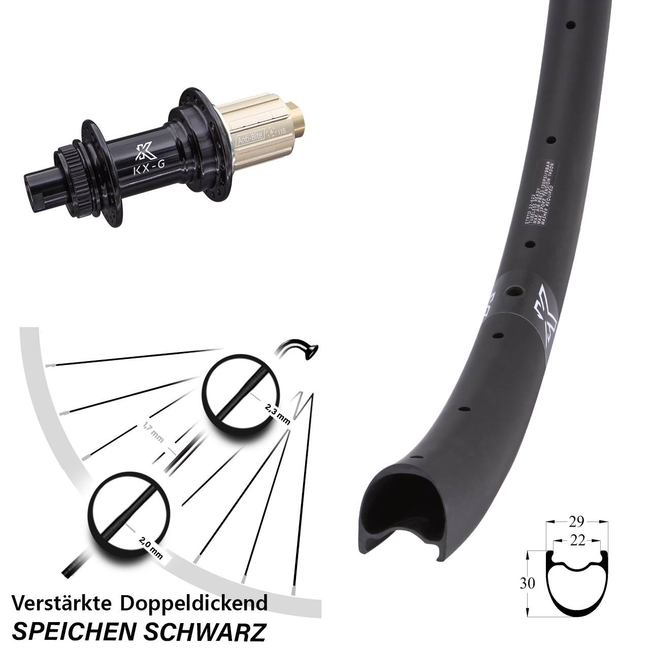 Disc Hinterrad 29 Zoll KX-GRC Carbon verstärkt 8-12 fach 12x142