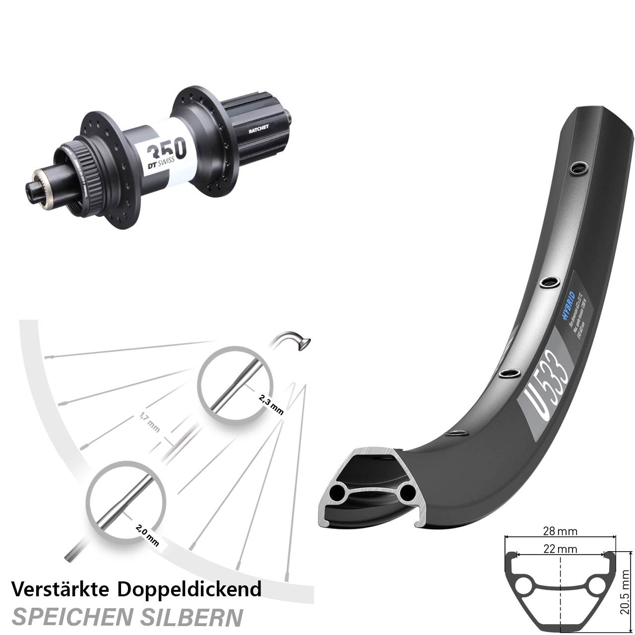 DT Swiss U533-350 29 Zoll Disc Laufrad für Schnellspanner 8-11 fach