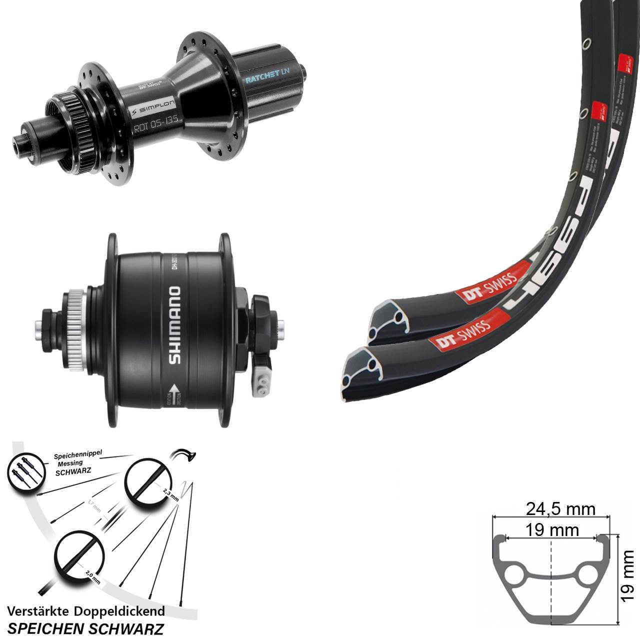 28 Zoll DT Swiss 466d 370 Hybrid Shimano DH-3D37 Disc Laufradsatz QR 8-11 fach schwarz