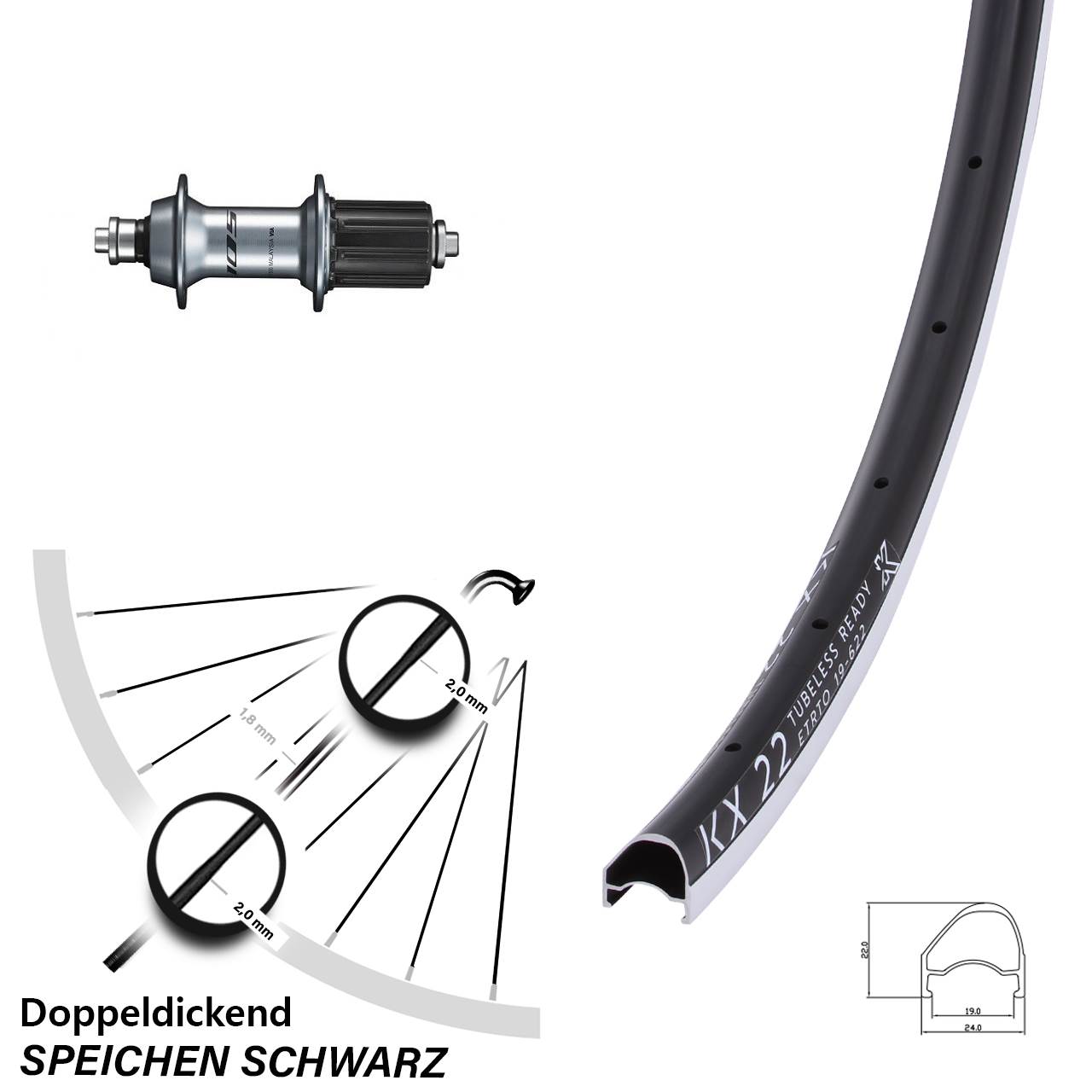 Hinterrad für Schnellspanner 28 Zoll KX 22 OS Shimano 105 8-12 fach