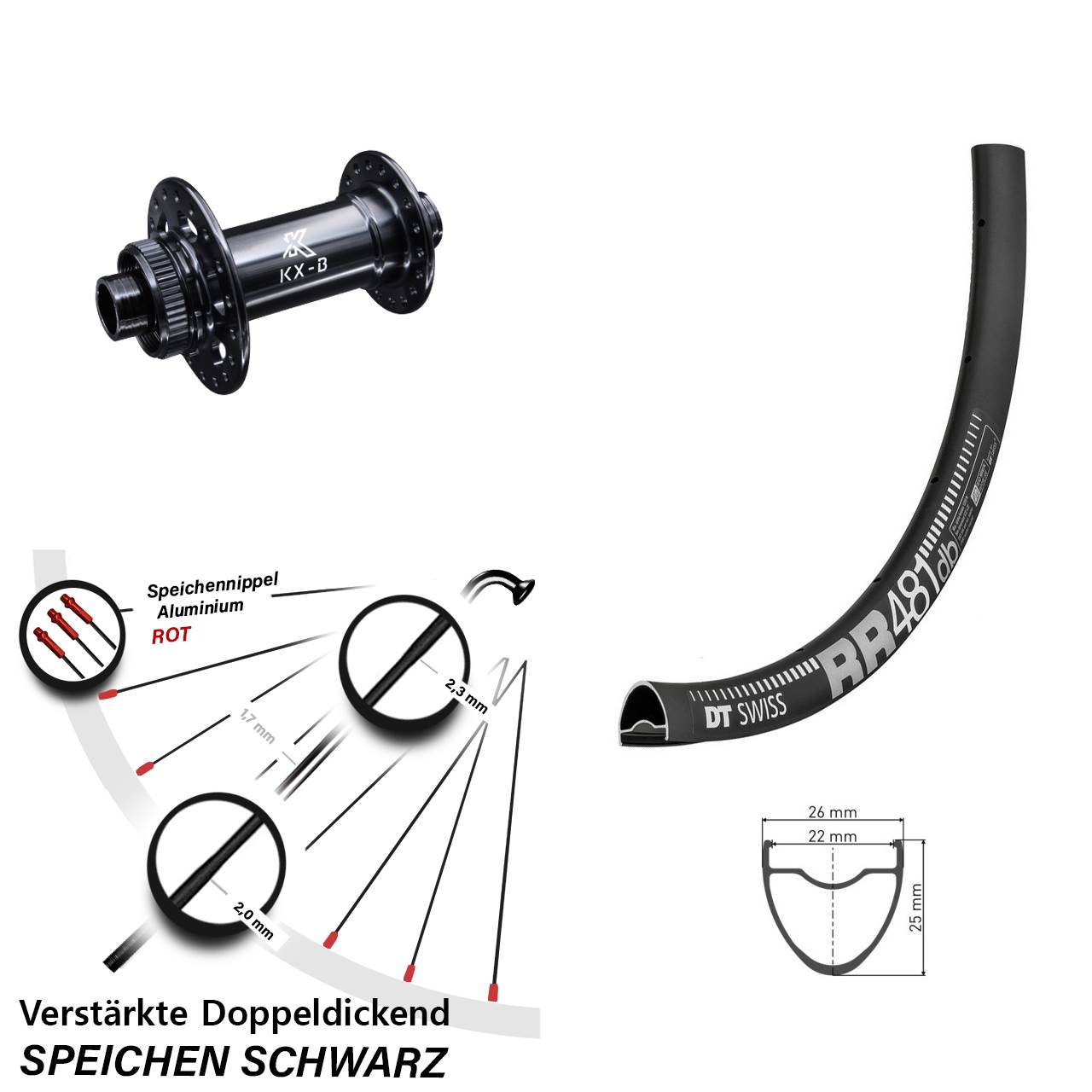 verstärktes Road 28 Zoll Vorderrad DT Swiss RR 481 Disc Centerlock KX-Boost 12x110 mm