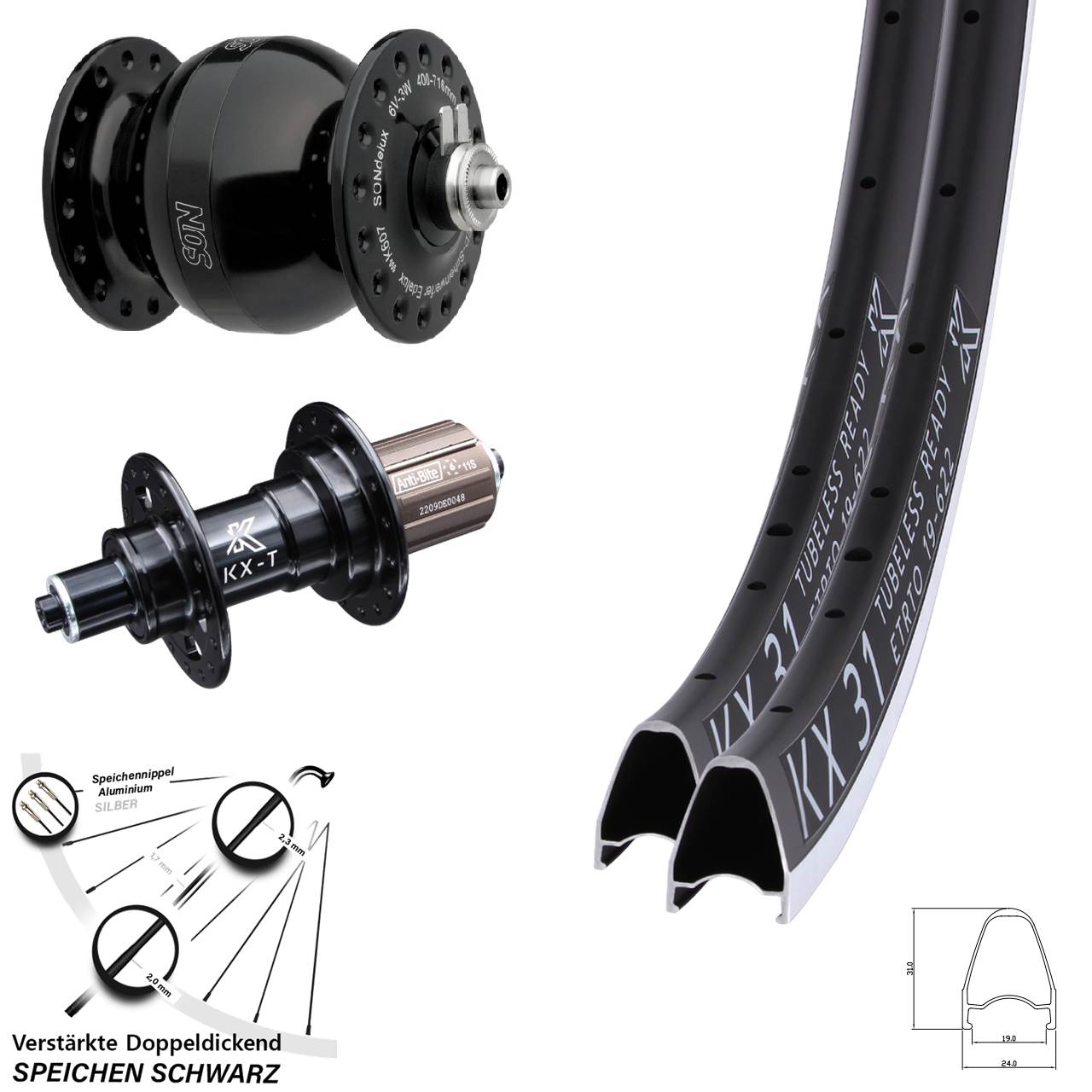 KX-T 31 SON delux wide body 28 Zoll Laufradsatz für Schnellspanner 8-11 fach HG 8-12 fach