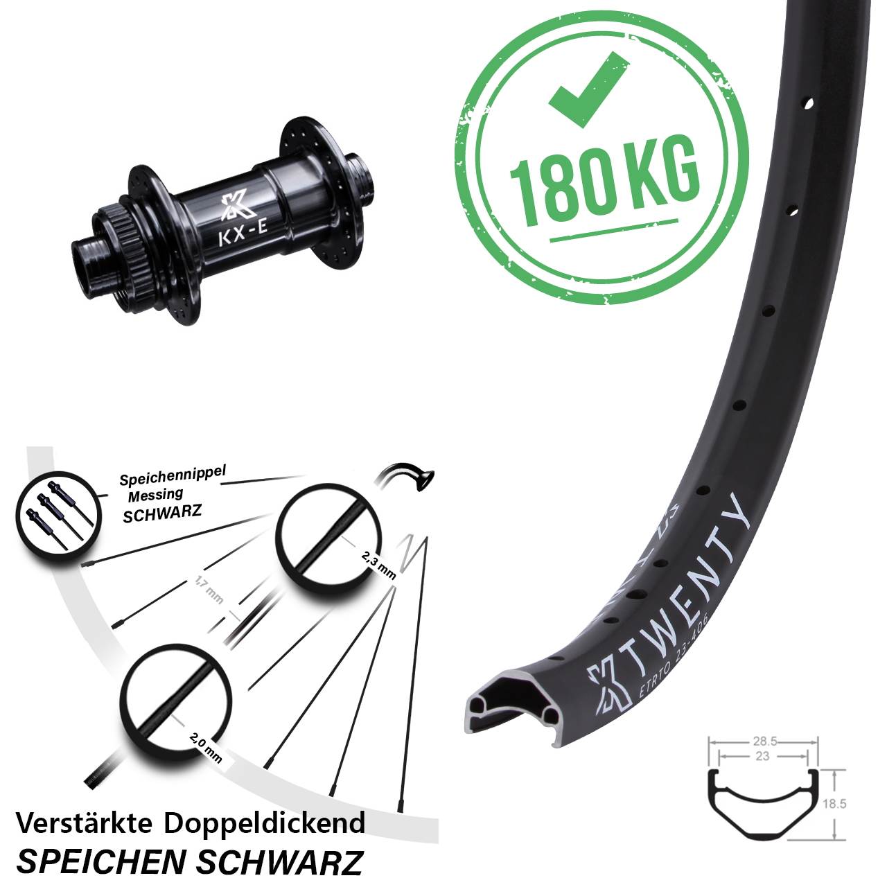 KX-E Twenty Disc Vorderrad 20 Zoll Centerlock 15x100 mm schwarz verstärkt 4 Kugellager