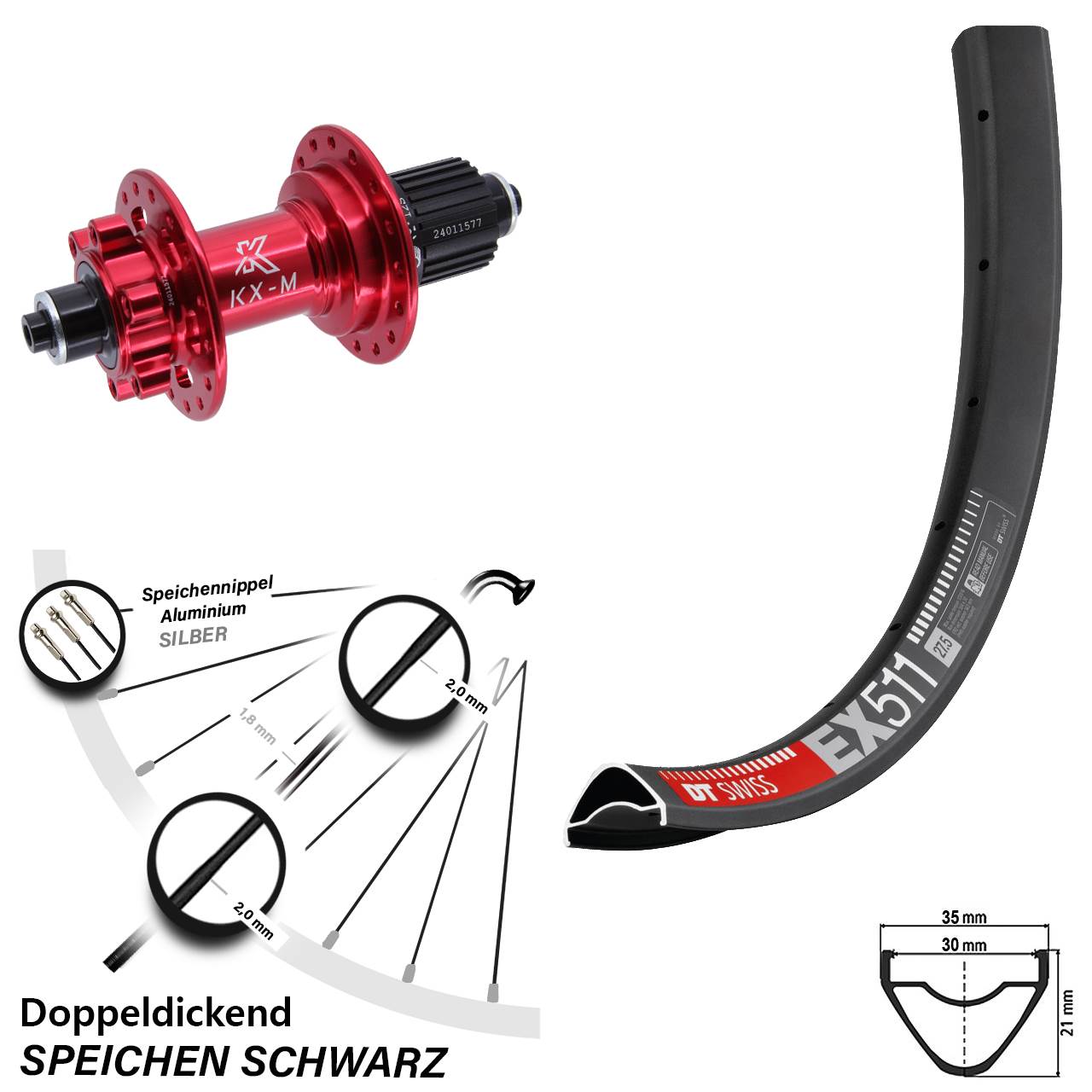 6-Loch Hinterrad 29 Zoll DT Swiss EX 511 KX-M rot Shimano Micro Spline QR