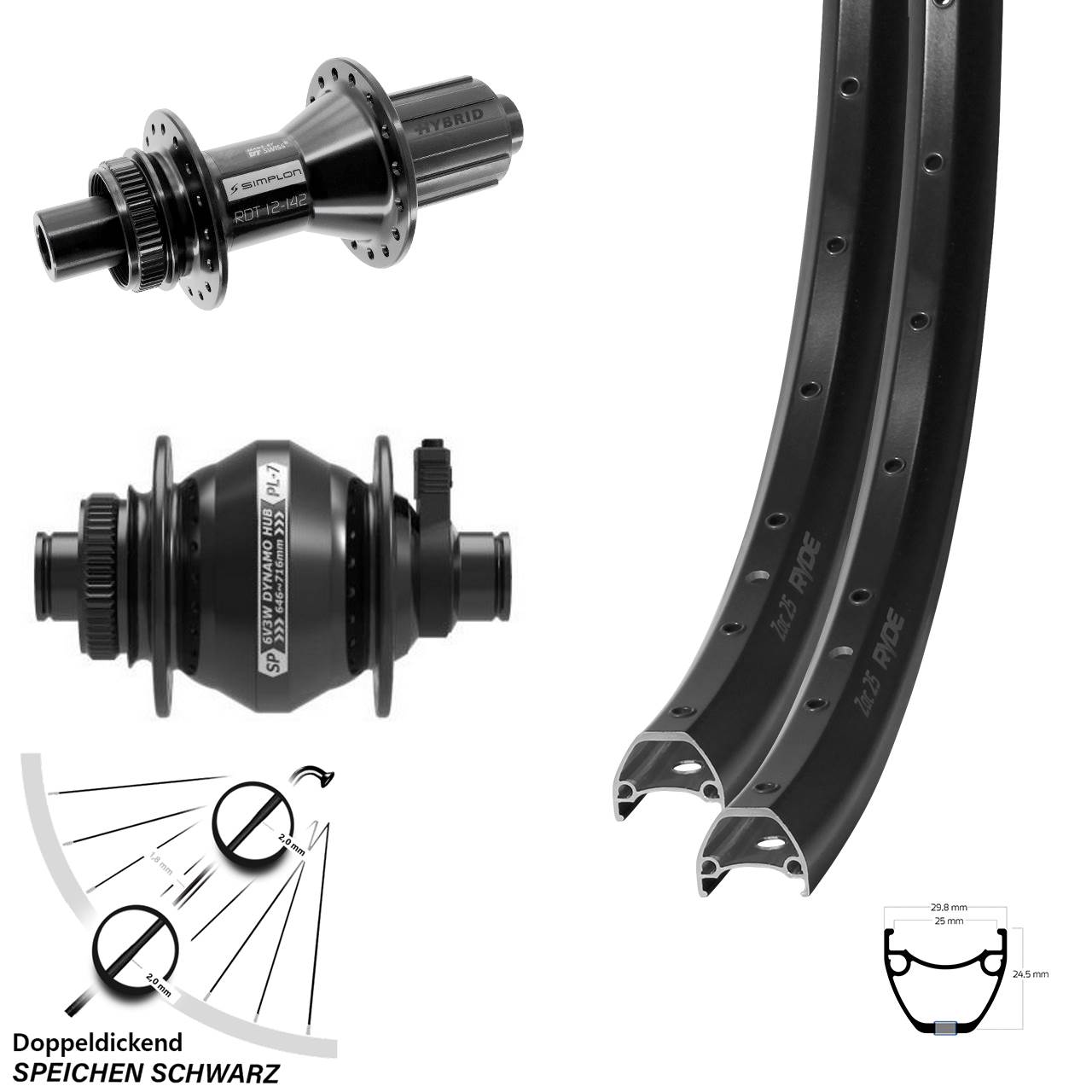 Ryde ZAC 25 DT Swiss 370 Hybrid SP PL-7 28 Zoll Disc Laufradsatz 12x100/142 8-11 fach HG