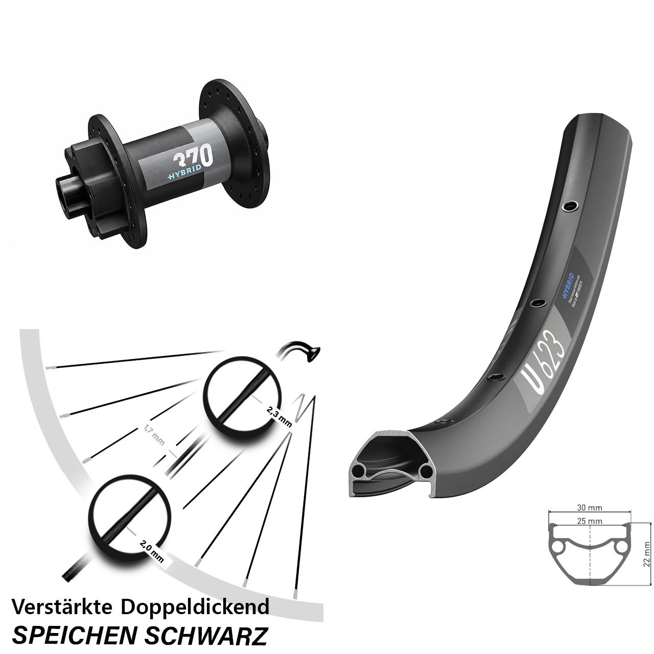 Vorderrad E-Bike 29 Zoll U 623 DT Swiss 370 Hybrid Boost verstärkt