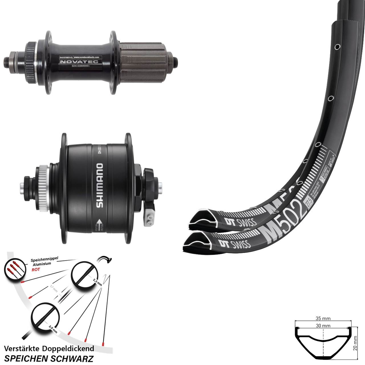 Disc Laufrad-Satz QR 27,5 Zoll DT Swiss M 502 Novatec D472 Shimano DH-3D37 8-12 fach