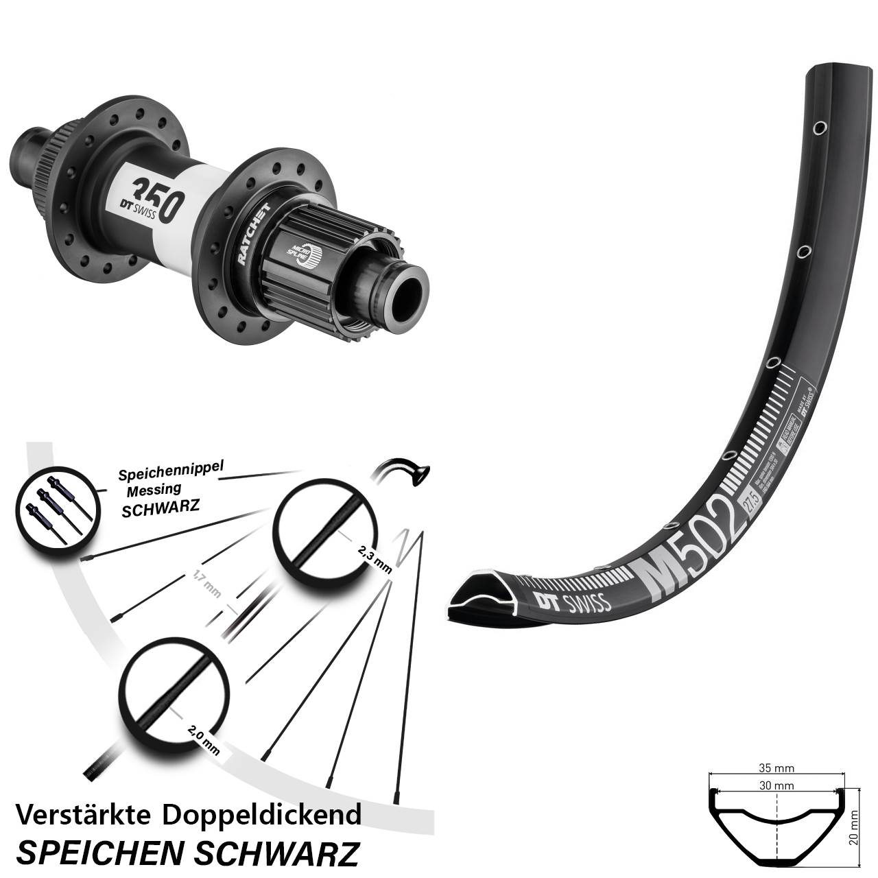 27,5 Zoll DT Swiss M 502-350 Hinterrad Centerlock 12x142 Micro Spline