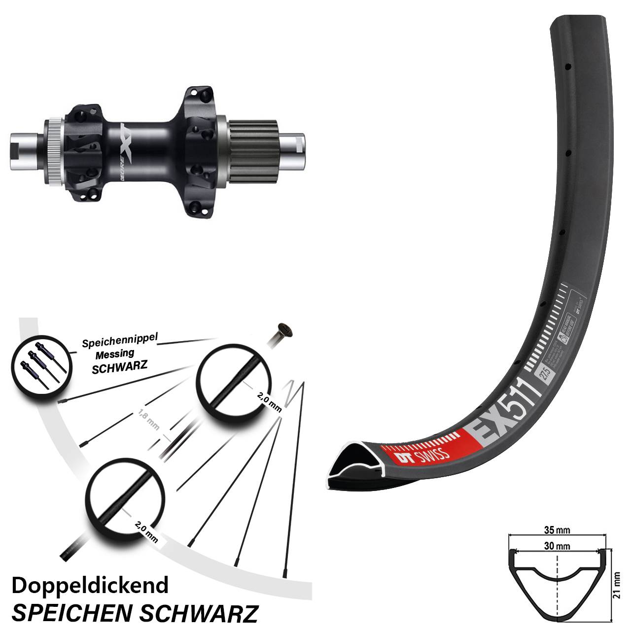 27,5 Zoll Hinterrad DT Swiss EX 511 Shimano Deore XT FH-M8110-BS Straightpull