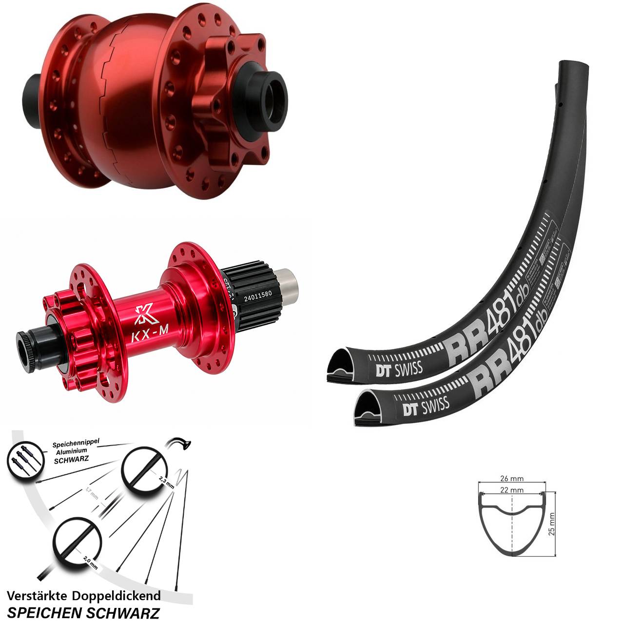 Disc Laufradsatz DT Swiss RR 481 KX-M rot SON 28 Zoll Micro Spline 15x100 12x142