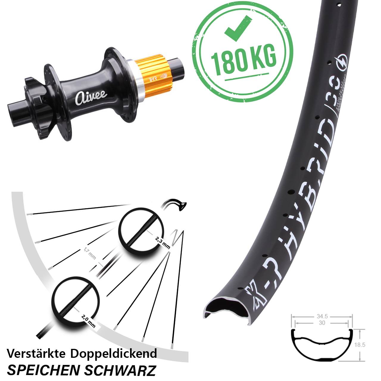 Disc Hinterrad 29 Zoll KX-R Hybrid 30 Aivee Classic Shimano Micro Spline 12x148