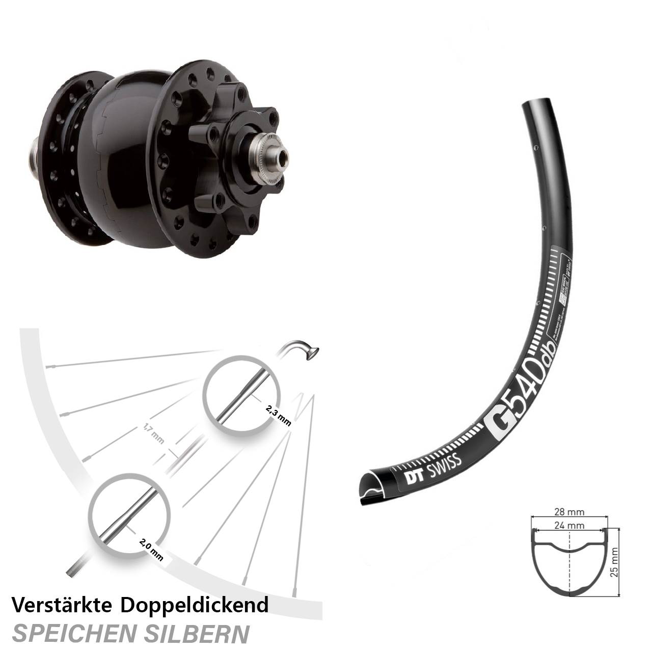 SON 28 Disc 6-Loch Zoll DT Swiss G 540 Nabendynamolaufrad für Schnellspanner