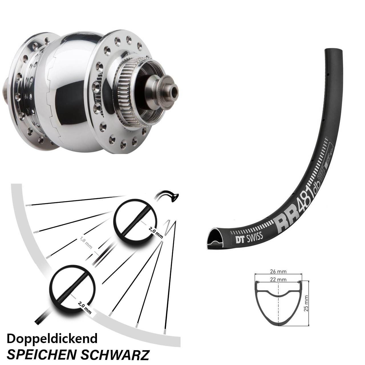 DT Swiss RR481 Vorderrad mit Nabendynamo SON 28 Zoll Disc silber poliert