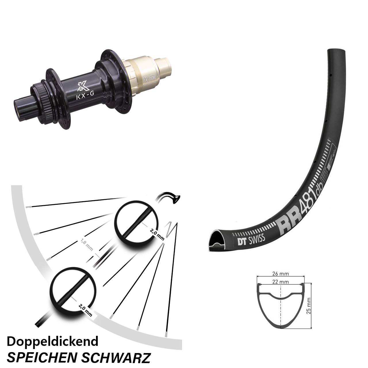 28 Zoll Hinterrad DT Swiss RR 481 Road Disc KX-G Centerlock Sram XD-R 12x42 mm 24 Speichen