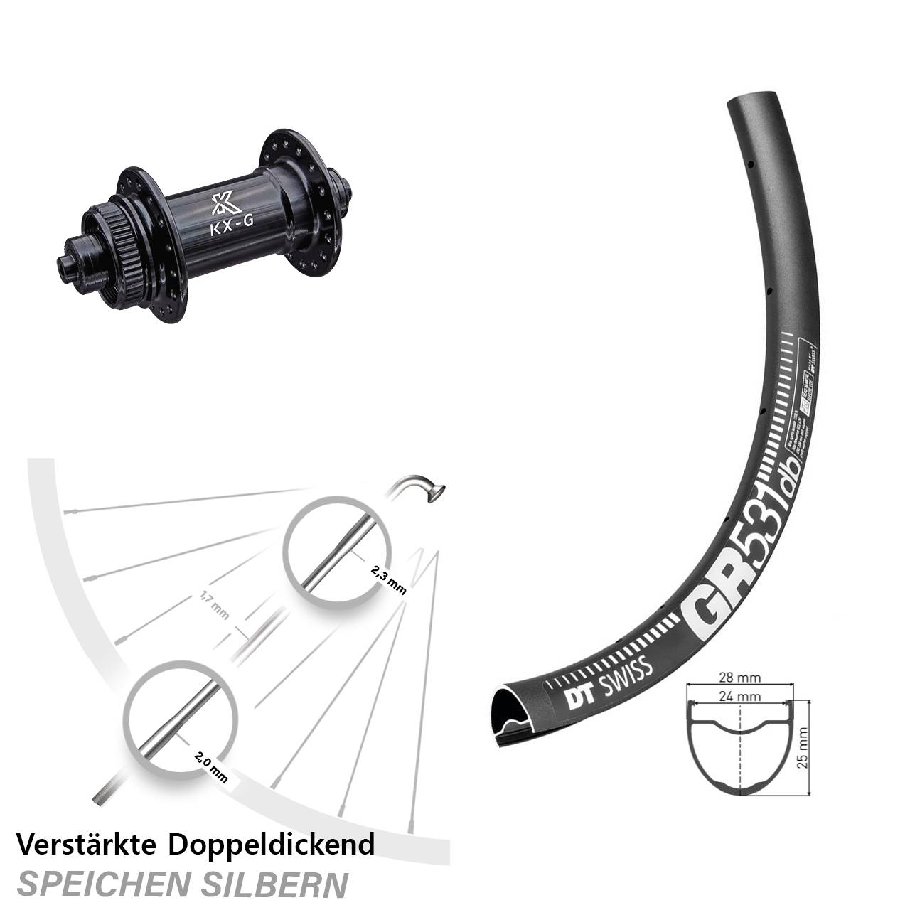 Vorderrad Gravel 28 Zoll DT Swiss GR531 DB Nabe Centerlock KX-G 5x100 mm